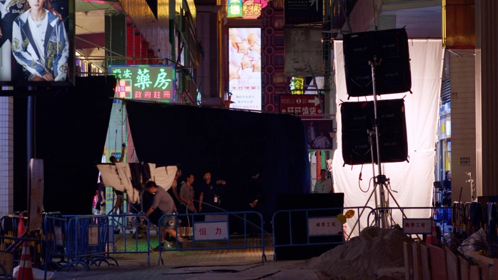 Crew set up INFINIMATs and other lighting for the casino exterior