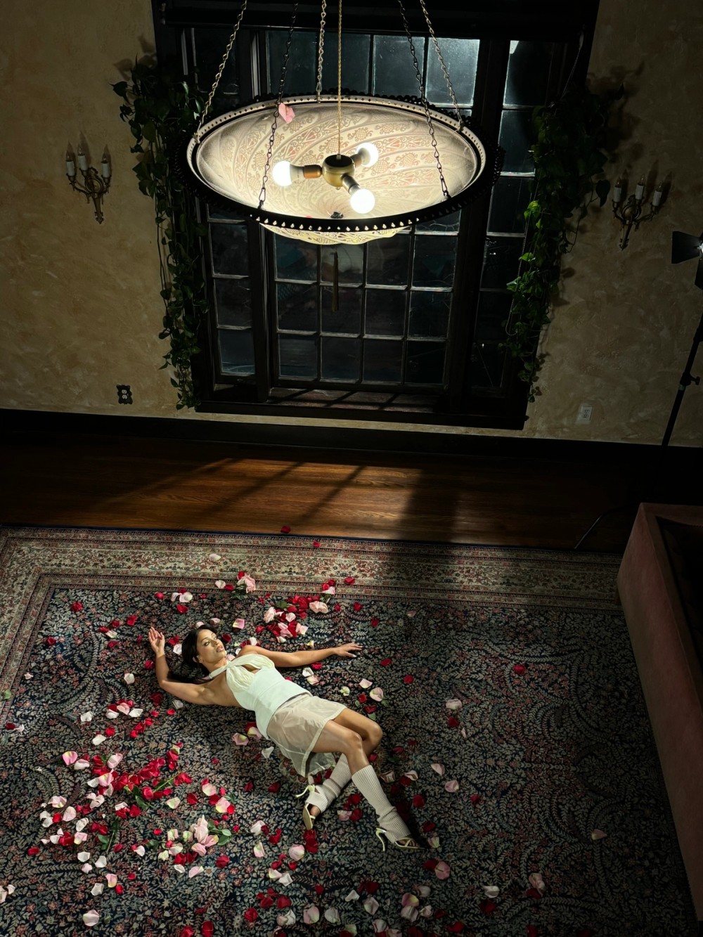 BTS photo of the rose petal setup, lit by an LS 1200d Pro